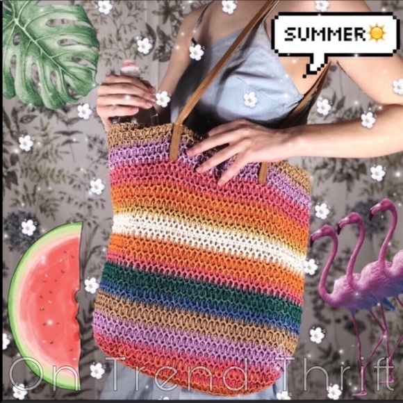 Handbags - Colorful Striped Large XL Carry All Woven Tote Bag